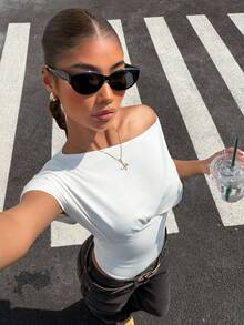 Muchica White Knit Asymmetrical Shoulder Cinched Bodysuit For Women,Summer/Spring Clothes Women,Going Out Outfits - White - View 5