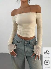 Aloruh Women Fall Elegant Daily Casual Basic Knit Top Apricot Slim Fit Off Shoulder Top, Spring Summer,Going Out Top,Office Tops,Commuter Top,Spring - Apricot - View 3