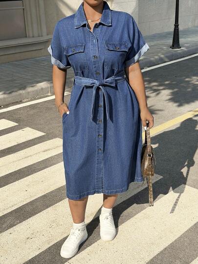 Muchica Plus Size Women's Spring/Summer Short Sleeve Single-Breasted Cargo Pocket Casual Denim Dress
