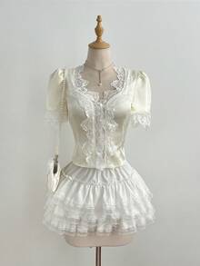 Elamini Elegant Women's Blouse With Bow Tie Lace Puff Sleeves - White - View 8