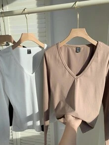 SHEIN EZwear 3 件套女式深 V 领弹力长袖打底 T 恤套装，适合秋冬季 - 彩色 - 查看 7