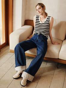 Anewsta Women's Elegant Patchwork Plaid Romantic Party Casual Vacation Blue Straight Leg Cuffed Jeans, Spring/Summer - Blue - View 7