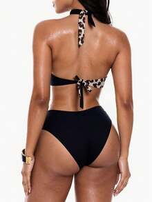 Swim Basics 2pcs Leopard Print Patchwork Sexy Bikini Set, Beach Vacation - Multicolor - View 2