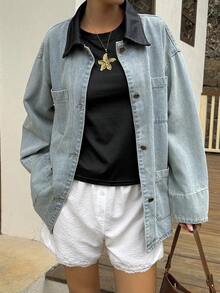 DAZY Casual Loose Women's Denim Jacket With Large Pockets And Collar - Blue - View 4