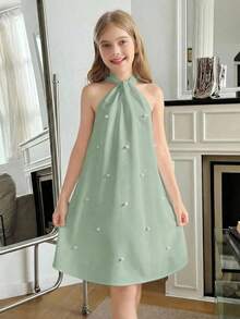 SHEIN Tween Girl Elegant Solid Green Halter Neck Beaded Back Bow A-Line Sleeveless Dress Pearl Embellished Mint Summer Seafoam Pastel Classy Spring - Green - View 7