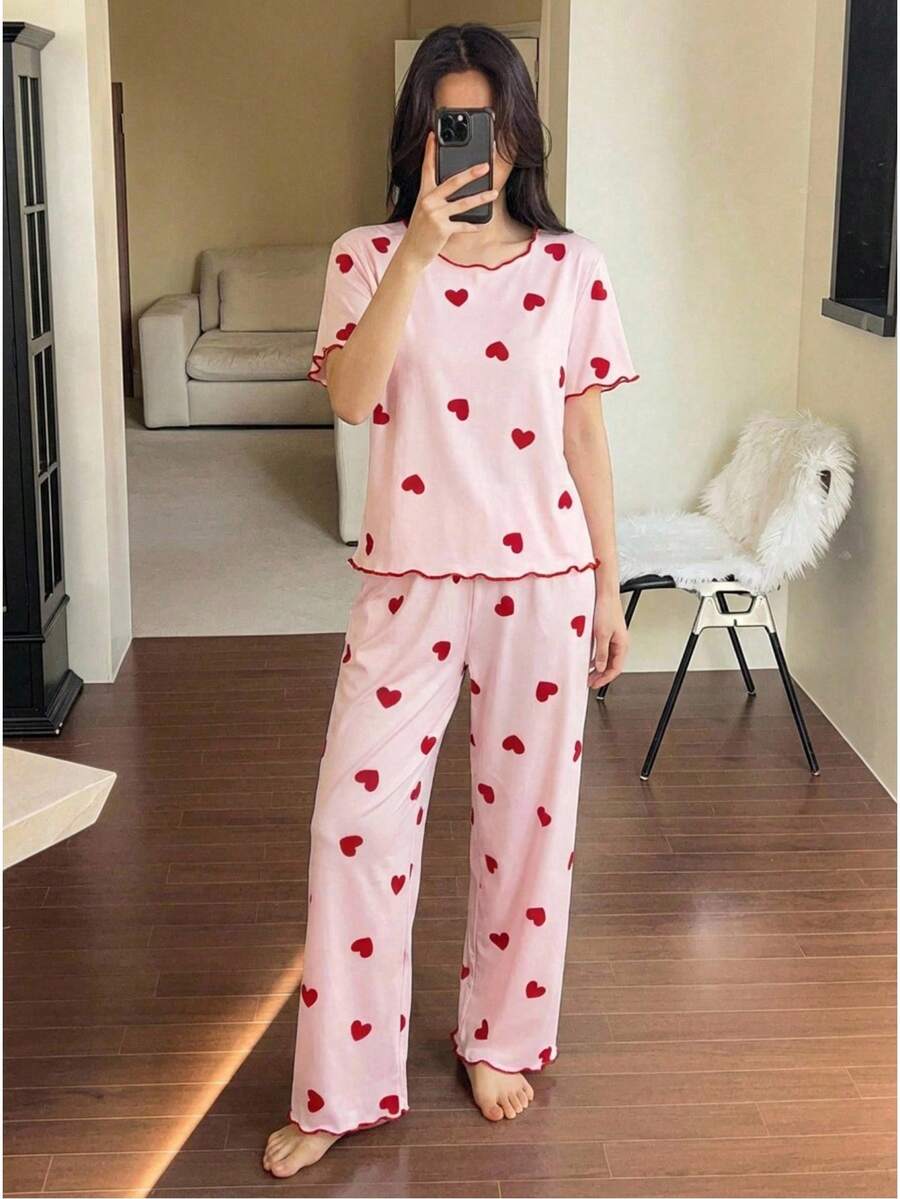 少女两件套睡衣套装，粉色爱心印花圆领荷叶边T恤上衣和宽松印花长裤，春夏休闲家居服 - 杏色 - 查看 1