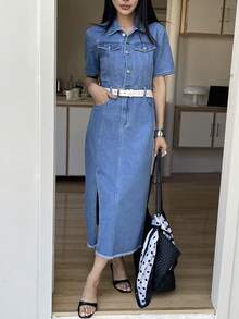 DAZY Đầm sơ mi denim nữ kiểu dáng thường ngày, chất liệu denim bạc màu, có túi giả và đường xẻ tà, thích hợp cho mùa hè. - Rửa trung bình - Xem 5