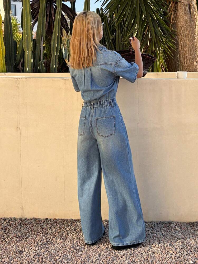 Women's Casual Faux Pocket Wide Leg Denim Jumpsuit, Spring/Summer,Wedding Guest Dress Women