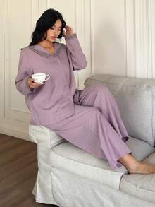 Dazy Plus Casual Textured Fabric Contrast Lace Elegant Long Sleeve Top And Loose Straight Leg Pajama Pants Set, Spring/Autumn - Purple - View 5