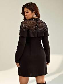Auralis Plus Size Women Black Autumn Elegant Formal Evening Night Out Club Dress,Rhinestone Geometric Mesh Patchwork Ruffle Long-Sleeved Bodycon Mini Dress - Black - View 3