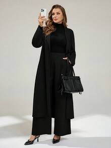 Auralis 大码女装春秋时尚休闲宽松舒适日常百搭修身长款西装外套和阔腿裤灰色西装套装，老款风格，商务休闲女装，女士办公室服装，工作服，秋季服装 - 黑色 - 查看 4