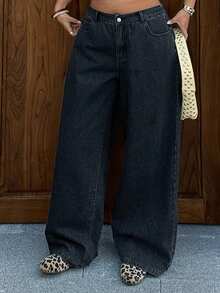 Dazy Plus Dark Wash Blue Waistband Patchwork Drawstring Straight Leg Long Jeans, All Season - Dark Grey - View 4