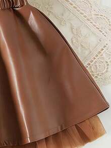 SHEIN Playful Pals Baby Girls Coffee Brown A-Line Skirt With Mesh Lace Hem,Summer Cute Modest Fashionable Sweet Party Back-To-School Elegant Comfortable Daily Travel - Royal Blue - View 4