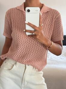 DAZY 女士翻领修身镂空亮面针织上衣 - 粉色 - 查看 4