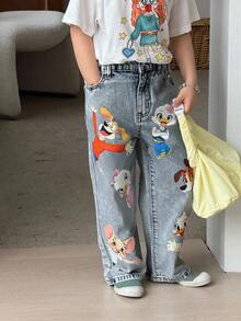 SHEIN Playful Pals Quần Jeans Ống Thẳng Màu Xanh Nhạt In Họa Tiết Động Vật Hoạt Hình Dễ Thương Cho Bé Gái Thời Trang Thường Ngày Đa Năng - Rửa nhẹ - Xem 8