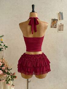 Soleia Chân váy xếp ly nhiều tầng bằng vải chiffon lãng mạn dành cho nữ, thích hợp cho kỳ nghỉ biển, dạo chơi, gợi cảm và hẹn hò vào mùa xuân/hè. - Màu Đỏ Sâu - Xem 2