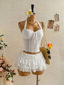 Soleia Chân váy xếp ly nhiều tầng bằng vải chiffon lãng mạn dành cho nữ, thích hợp cho kỳ nghỉ biển, bờ biển, gợi cảm, hẹn hò, khu nghỉ dưỡng bãi biển. - trắng - Xem 5