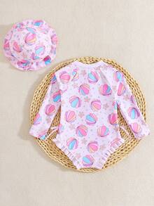 1 bộ áo tắm liền thân dài tay cho bé gái, có khóa kéo, nơ xinh xắn và họa tiết hoa, kèm mũ. - Nhiều màu - Xem 6