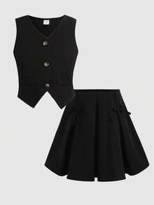 Tween Girl Casual V-Neck Sleeveless Top And Mini Skirt Set - Black - View 3