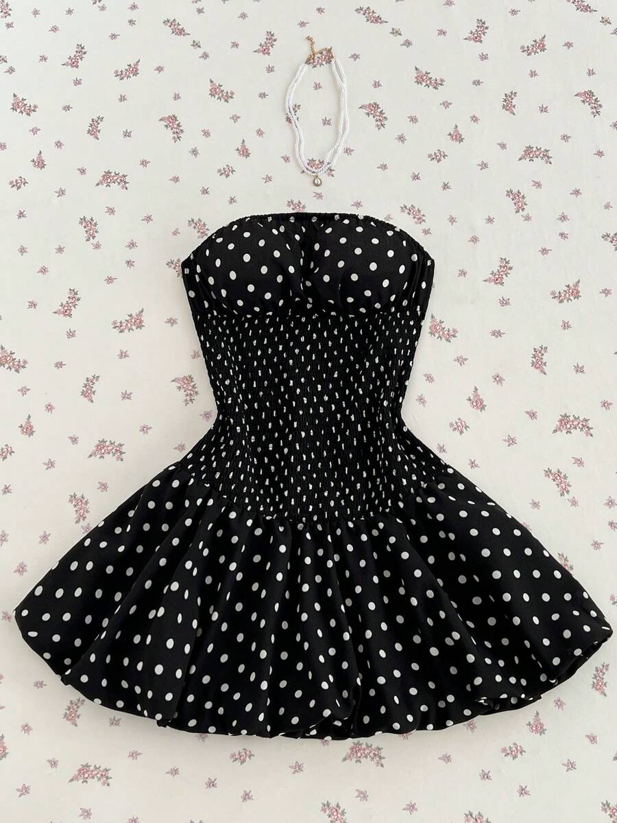 Elamini Black Polka Dot Print Strapless Backless Waist Drawstring Ruched Mini Dress, Women's Spring/Summer Fashion , Vintage Elegant Sweet Cute, Suitable For Wedding, Outing, Dating, Daily Wear - Black - View 1