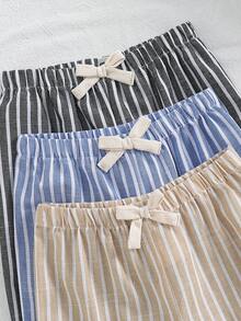 SHEIN 3件套男女宝宝通用服装，男宝宝休闲可爱百搭条纹缎带装饰松紧腰裤套装 - 彩色 - 查看 4