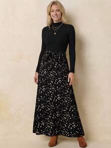 EMERY ROSE 女式花卉印花立领优雅长袖连衣裙 - 黑色 - 查看 4