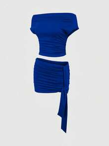 Zyxie Bộ đồ nữ gợi cảm gồm áo croptop và chân váy mini màu trơn, thích hợp cho mùa hè. - Màu xanh lam - Xem 4