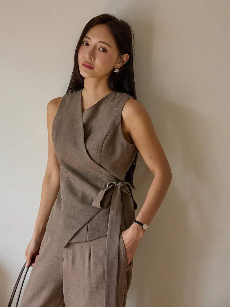 Women's Solid Color Side Tie Waistcoat And Pants Casual Commuter 2 Pieces Set Business Casual Woman Summer