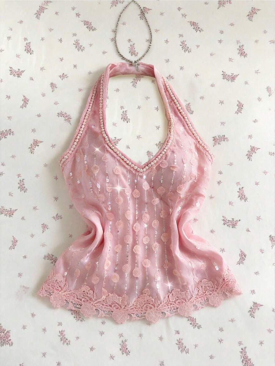 SHEIN Unity Áo tank top ren cổ chữ V buộc dây cổ yếm thêu đính cườm dành cho nữ, thích hợp cho mùa xuân/hè. - Hồng - Xem 1