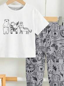 Bubblio 男婴休闲宽松舒适短袖T恤和裤子套装（2件套），适合春夏穿着，经典可爱印花图案包括斑马、老虎、棕熊、狮子、松鼠、河马、大象等卡通动物。 - 彩色 - 查看 6