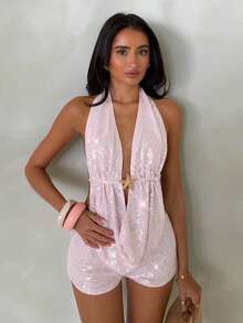 SHEIN Glamour Conjunto de 2 peças com top halter sem costas e shorts com paetês, para férias - Rosa Bebê - Visão 3