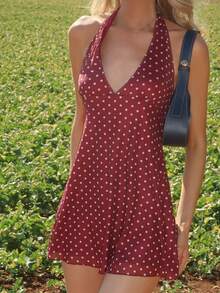 Sydney Algeri 浪漫波点V领女士迷你连衣裙，初秋 - 酒紅色 - 查看 3