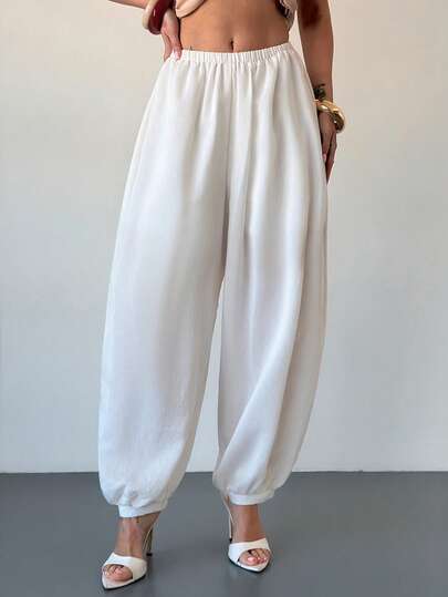 Firerie Women's Casual Elegant Daily/Holiday Pants, White Apricot Color Linen Bamboo Texture Mid-Waist Loose Tapered Leg Lantern Pants, Suitable For Afternoon Tea, Beach Vacation, Teacher, Home Wear, New Spring/Summer Women Trousers