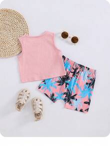 Conjunto de top de tirantes y pantalones cortos con estampado de árboles de coco para bebé niño de vacaciones - Multicolor - Ver 2