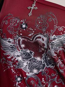 SHEIN ICON Camiseta holgada con hombros oblicuos y estampado punk para mujer de talla grande - Burdeos - Ver 6
