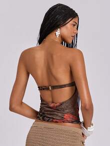 ROMWE Áo hai dây hở lưng, cổ xếp ly, phong cách Y2K cá tính, bụi bặm, boho, họa tiết da báo và hoa, điểm nhấn là dây xích ở eo, trang trí bằng dây xích. - màu nâu - Xem 7