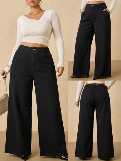 SHEIN PETITE CURVE Summer Plus Size Going Out Outfits Casual Outfit For Women Versatile Solid Color Elastic Waistband Wide Leg Black Jeans
