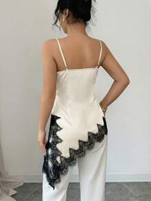 Selianne Women's Elegant Solid Black Lace Patchwork Asymmetric Hem Glossy Fabric Sleeveless Camisole Two Pieces Set, Spring/Summer - Multicolor - View 2