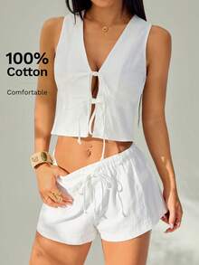 SHEIN PETITE Women's 100% Cotton 2 Pieces Set White Summer Boho Vacation Holiday Solid Color Tie Front Cropped Sleeveless Top And Shorts Casual Co Ord Outfit - White - View 5