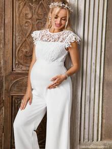 SHEIN Mono de maternidad de pierna ancha con unicolor y encaje de contraste - Blanco - Ver 6