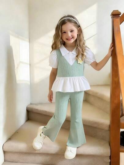 女童休闲套装：二合一短袖花瓣袖衬衫和喇叭裤