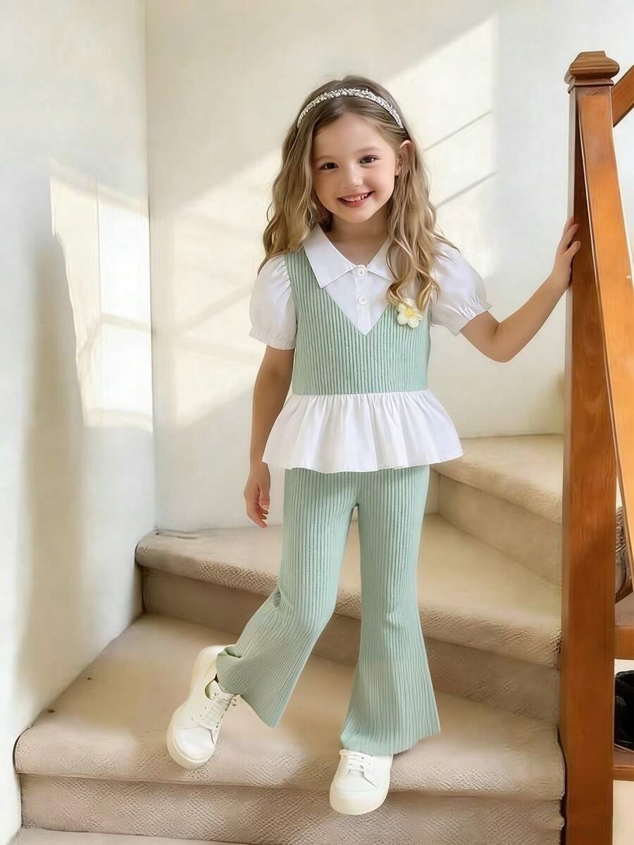 女童休闲套装：二合一短袖花瓣袖衬衫和喇叭裤 - 綠色 - 查看 1