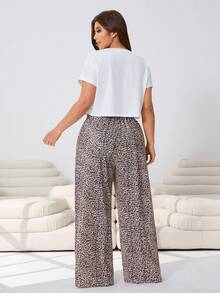 SHEIN EZwear 大码女式休闲豹纹蝴蝶结短袖上衣和阔腿裤两件套，春夏款 - 彩色 - 查看 2