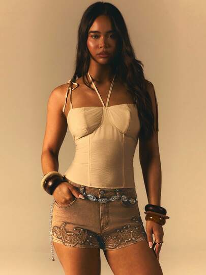 Athîral 女士口袋纽扣铆钉装饰时尚百搭约会休闲牛仔短裤