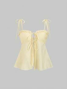 Sweetra 女士黄色甜美辛辣荷叶边吊带背心，春夏款 - 黃色 - 查看 3