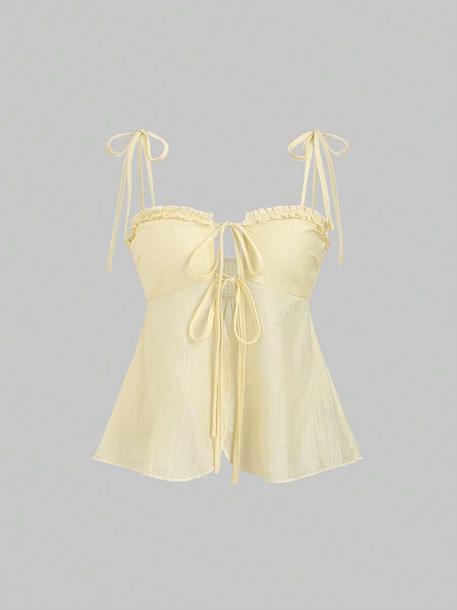 Sweetra 女士黄色甜美辛辣荷叶边吊带背心，春夏款 - 黃色 - 查看 1