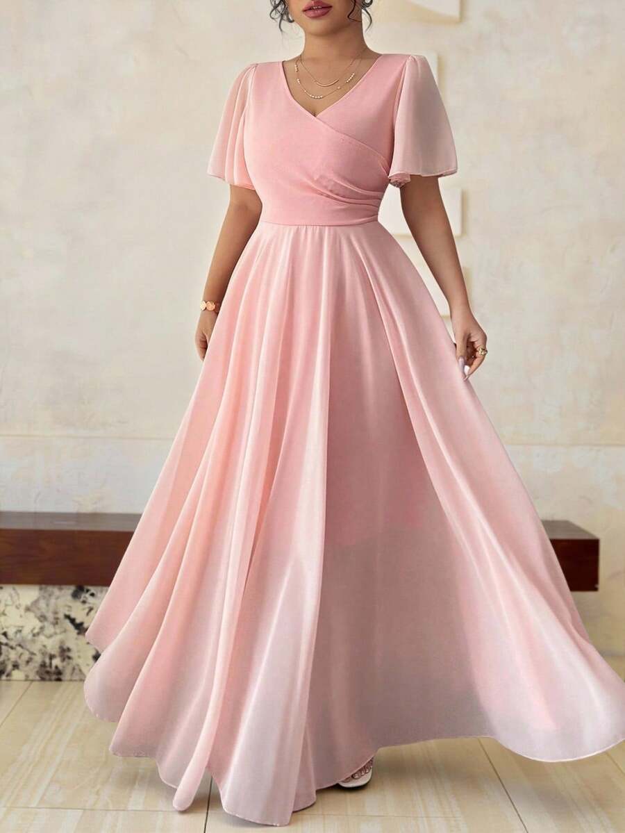 Elenzga Plus Size Women Chiffon Ruffle Sleeve V-Neck A-Line Dress, Simple Elegant Romantic Graceful Flowing - Pink - View 1
