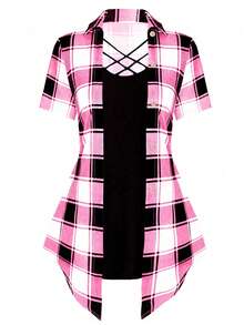 SHEIN LUNE 大码女式夏季格子拼布短袖休闲T恤（二合一设计）图案T恤女式上衣 - 彩色 - 查看 1