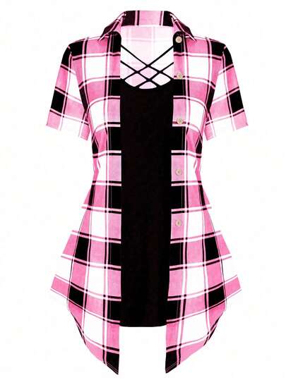 SHEIN LUNE Plus Size Women's Summer Plaid Patchwork Short Sleeve Casual T-Shirt (With 2 In 1 Design) Graphic Tees Women Tops