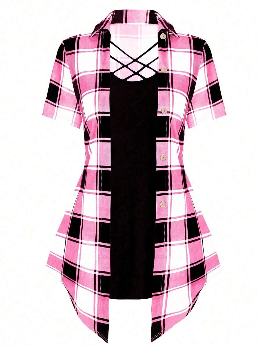 SHEIN LUNE 大码女式夏季格子拼布短袖休闲T恤（二合一设计）图案T恤女式上衣 - 彩色 - 查看 1